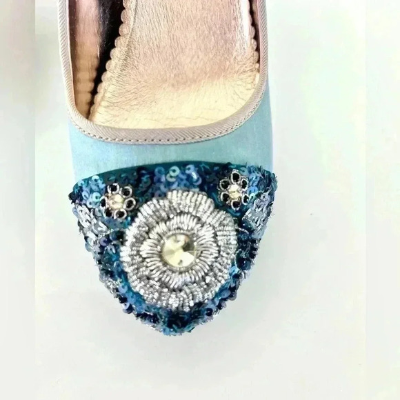 Miss Albright Bijou Teal Blue Satin & Beaded Sequin Rhinestone Cap Toe Heels - Picture 2 of 16